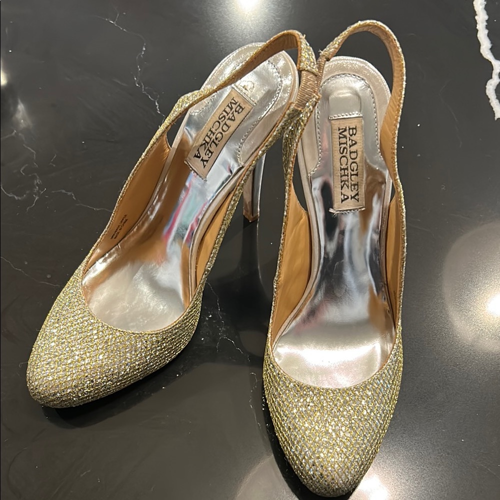 Badgley Mischka Gold Sparkle Slingback Heels